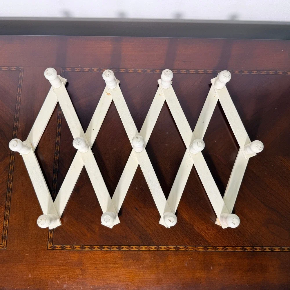 Vintage Accordion 10 Peg Rack Expandable White Wood Wall Mount Rustic Farmhouse